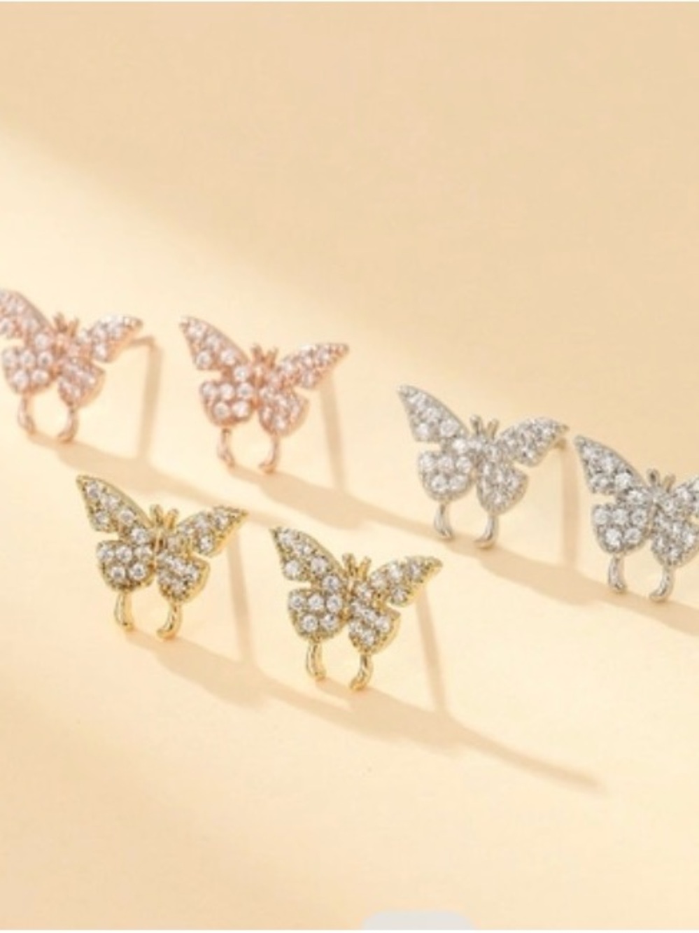 925 Sterling Silver Zirconia Butterfly Stud Earrings - Gold, Rose Gold & Silver